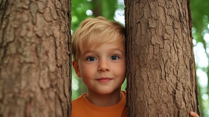 Child Smiling Between Two Trees in Lush Green Forest during Bright Sunny Day