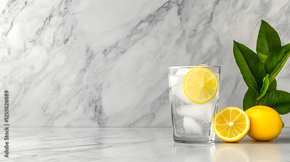 Poster refreshing glass of sparkling water with lemon slices and ice cubes on marble counter