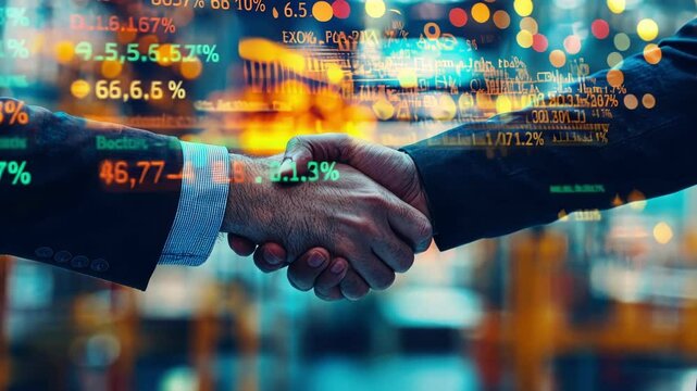 Two businessmen engaging in a handshake against a backdrop of blurry computer code, symbolizing a significant business agreement in the technology sector