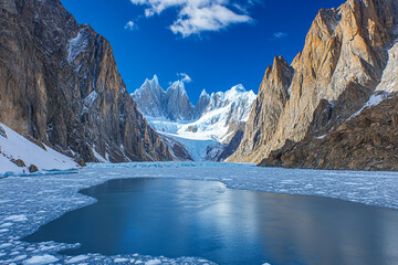 Obraz premium A vast glacial expanse nestled between towering icy peaks, the frozen surface reflecting the brilliant blue of the sky.