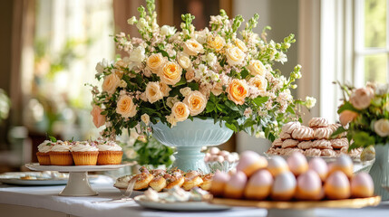 picturesque Easter brunch setup with table adorned with pastel colored eggs, elegant floral arrangements, and variety of delicious pastries, creating festive and inviting atmosphere
