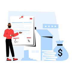 Male Financial Advisor Presenting Mortgage Agreement With House, Money Bag, And Rating Stars. Flat Vector Illustration Of Real Estate Financing, Home Loans, And Property Investment, Isolated