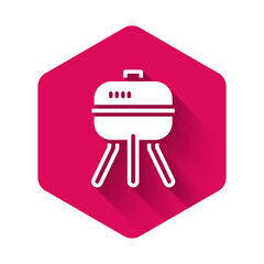 White Barbecue grill icon isolated with long shadow background. BBQ grill party. Pink hexagon button. Vector