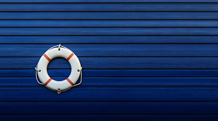 White Lifebuoy on Dark Blue Wooden Wall
