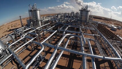 Complex network of pipes and tanks at an oil refinery plant, captured in slow motion, showcasing industrial infrastructure and energy production. Industrial infrastructure revealing complex of pipes