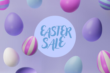 3d render falling easter pastel egg banner frame. Three-dimensional vector illustration. Greeting poster for celebration, springtime holiday, kids hunt or design for sale advertising. Modern template