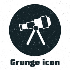 Grunge Telescope icon isolated on white background. Scientific tool. Education and astronomy element, spyglass and study stars. Monochrome vintage drawing. Vector