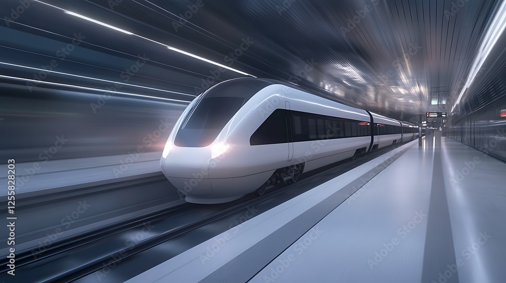 Poster A sleek, modern train speeds through a futuristic station, showcasing dynamic motion and advanced design against a blurred backdrop.