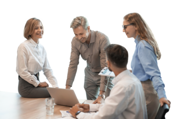Business team discussing together business plans on a transparent background
