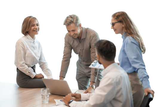 Business team discussing together business plans on a transparent background
