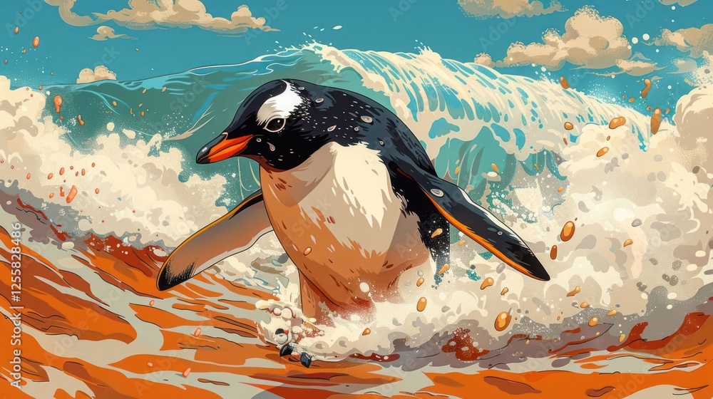 Poster a penguin splashes through ocean waves, capturing a dynamic moment in nature.