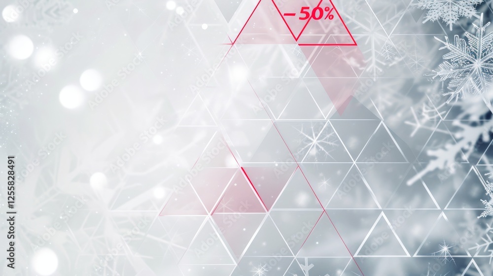 Poster triangle-based geometric abstract design with snowflakes and a soft white background, highlighted by