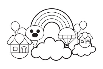 Clouds and rainbow outline illustration for coloring books