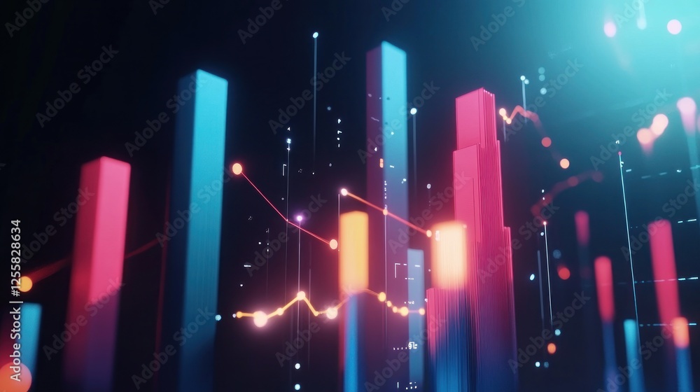 Poster futuristic financial data analysis with glowing graph and bar charts