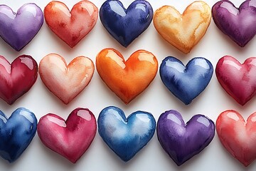 Fototapeta premium Watercolor Hearts in Blue, Purple, Orange, and Pink in a Neat Grid