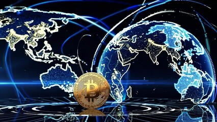 Cryptocurrency bitcoin rotating against digital backdrop, featuring glowing network lines, holographic earth globe, symbolizing global financial technology revolution