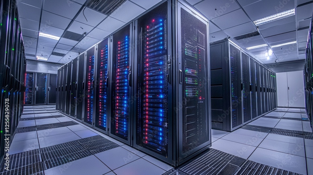 Aufkleber in a cutting-edge server room, rows of sleek cabinets filled with colorful, illuminated technology c