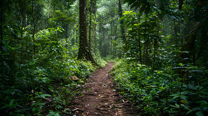 Obraz premium Adventurous Hiking Trail Through Dense Forest