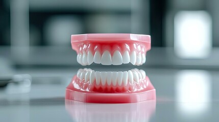 Close-up of a Dental Model Showing a Full Set of Upper and Lower Teeth with Pink Gums on a Reflective Surface in a Blurred Background