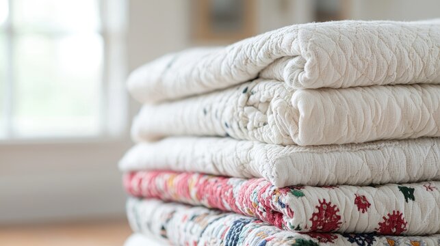 Stacked quilts in a home, indoors. Possible use Interior design, home decor