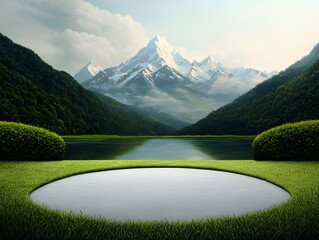 Captivating pastoral landscape with majestic snow capped mountains in the background framed by neatly trimmed emerald green grass and a shimmering lake reflecting the tranquil sky