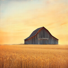 Obraz premium Scenic country farm with a traditional barn and endless wheat fields glowing in the warm light of sunset, perfect for agricultural themes