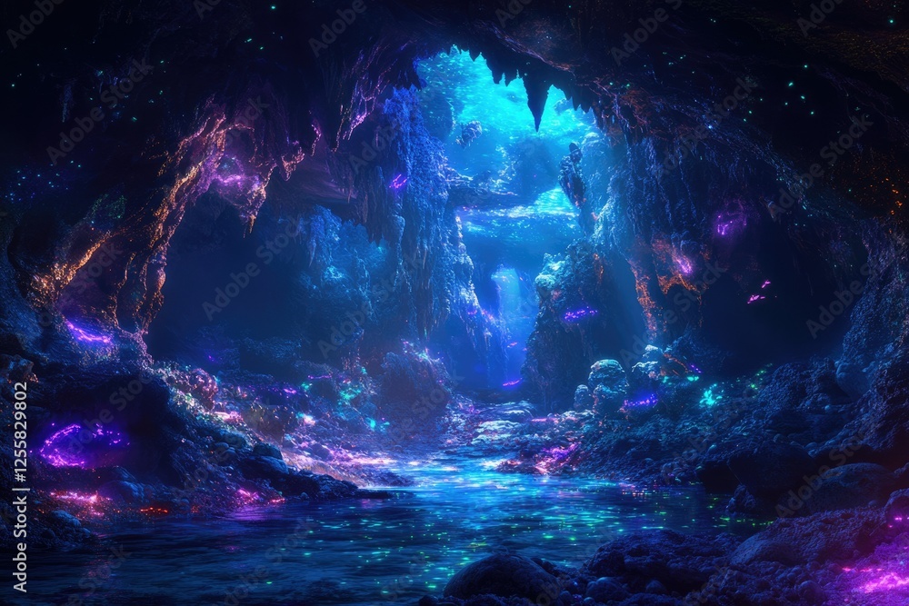 Poster a mesmerizing underwater cave glows with vibrant bioluminescent flora, creating an ethereal and magi