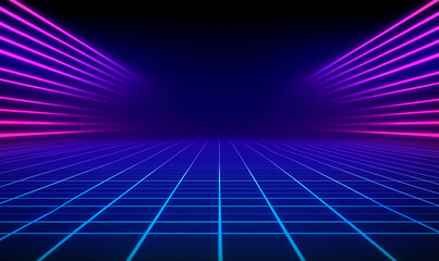 Retro Futuristic Grid, 80s Style Background with Neon Lines