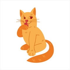 Cute cat lick a paw color. Hand drawn clip art for your project.