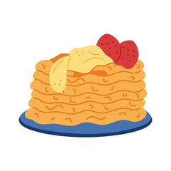 Stack of pancakes with strawberries and cream color. Hand drawn clip art for your project.