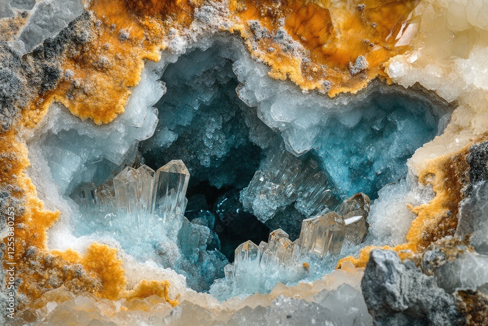 Poster stunning geode interior reveals a breathtaking array of blue and clear quartz crystals nestled withi