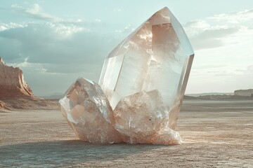 Giant quartz crystal cluster rests in a desolate, sun-drenched desert landscape.