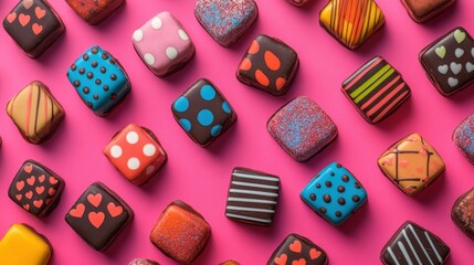 A top-down view of Valentine chocolates in vibrant colors, each with unique patterns like polka dots, stripes, and hearts.