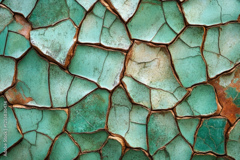 Poster cracked teal paint reveals an intricate pattern of broken pieces creating a unique textured surface.
