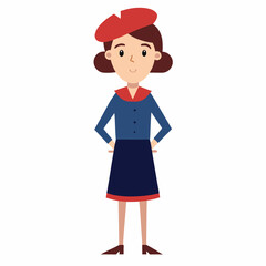 cartoon french woman.with traditional clothes France and a red beret on her head . Vector illustration isolated on white background Pro Vector