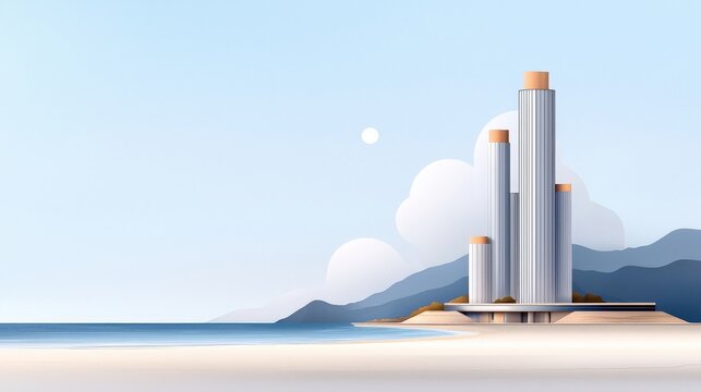 Modern Coastal Architecture with Tall Buildings by the Beach and Gentle Waves on a Sunny Day