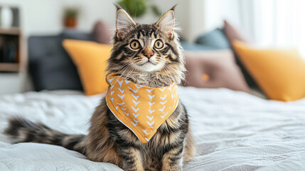 Fototapeta na wymiar A stylish cat sits on a bed, wearing a bright yellow bandana, surrounded by a cozy and modern home environment.