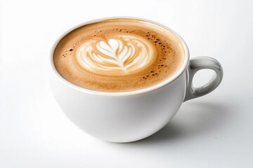 Beautifully crafted latte with intricate foam art served in a white cup on a simple background