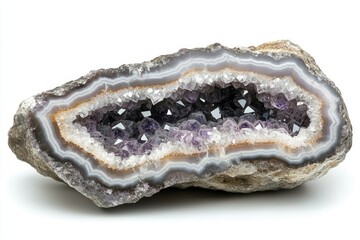 Amethyst geode with stunning purple crystals nestled within banded agate.