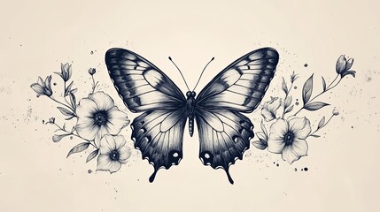 Beautiful Hand-Drawn Butterfly with Floral Elements in Art Style