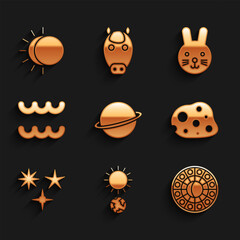 Set Planet Saturn, Solstice, Astrology horoscope circle, Asteroid, Falling star, Aquarius zodiac, Rabbit and Eclipse of the sun icon. Vector
