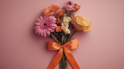 Obraz premium Pastel Flower Bouquet with Orange Ribbon on Pink Background