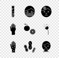 Set Test tube and flask, Face in protective mask, Man having headache, Hand with psoriasis or eczema, Peanut, Handkerchief to his runny nose, and Orange fruit icon. Vector