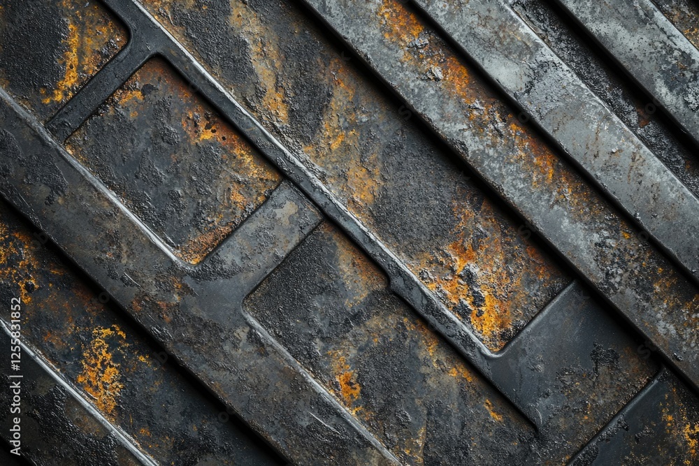 Aufkleber rusty metal texture with diagonal lines and rectangular cutouts, showing age and wear.