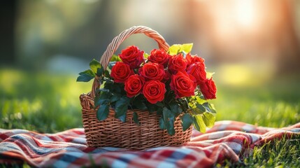 A vibrant arrangement of roses in a wicker basket, placed on a picnic blanket with soft morning light.