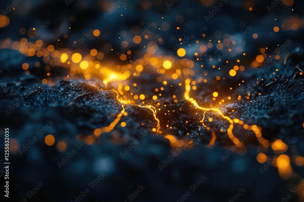 Poster glowing embers and sparks illuminate a dark, textured surface, creating a mesmerizing abstract scene