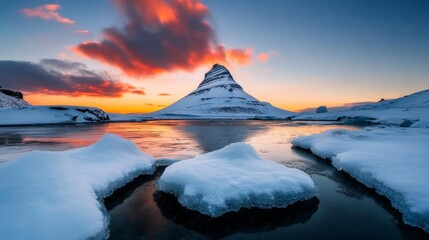 Stunning Kirkjufell Mountain Surrounded by Ice and Water Under Colorful Sunset