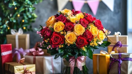 Obraz premium A vibrant rose bouquet in bold reds and yellows, surrounded by wrapped gifts and a birthday banner in the background.