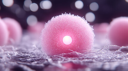 Stunning closeup of a glowing cell, nestled amongst delicate fibers.  Perfect for science, medicine, or abstract concepts. Evokes feelings of growth, innovation, and potential.