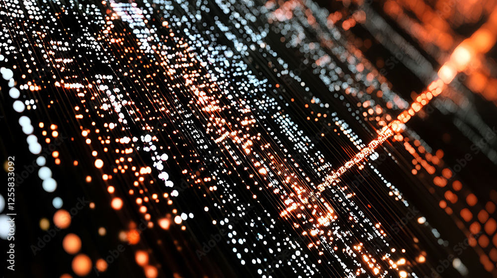 Poster abstract digital art featuring glowing lines and particles, ideal for tech, data visualization, or f